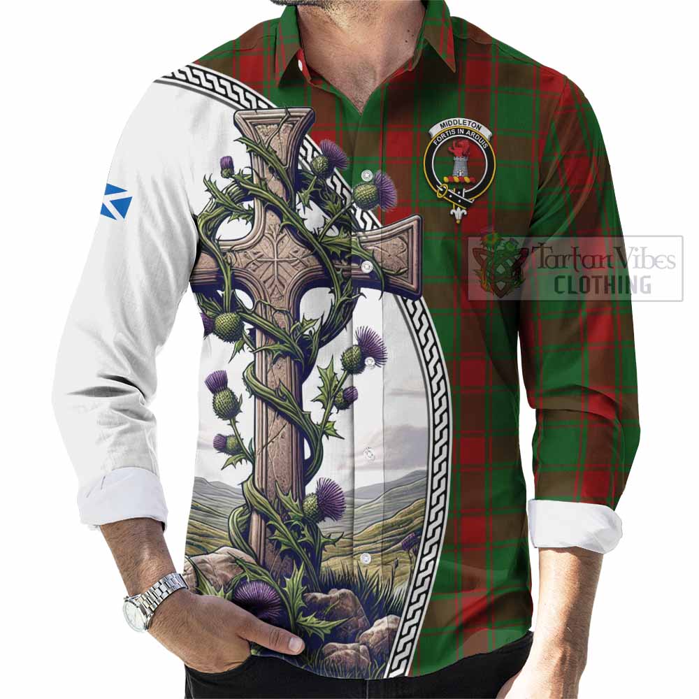 Tartan Vibes Clothing Middleton Tartan Long Sleeve Button Shirt with Family Crest and St. Andrew's Cross Accented by Thistle Vines