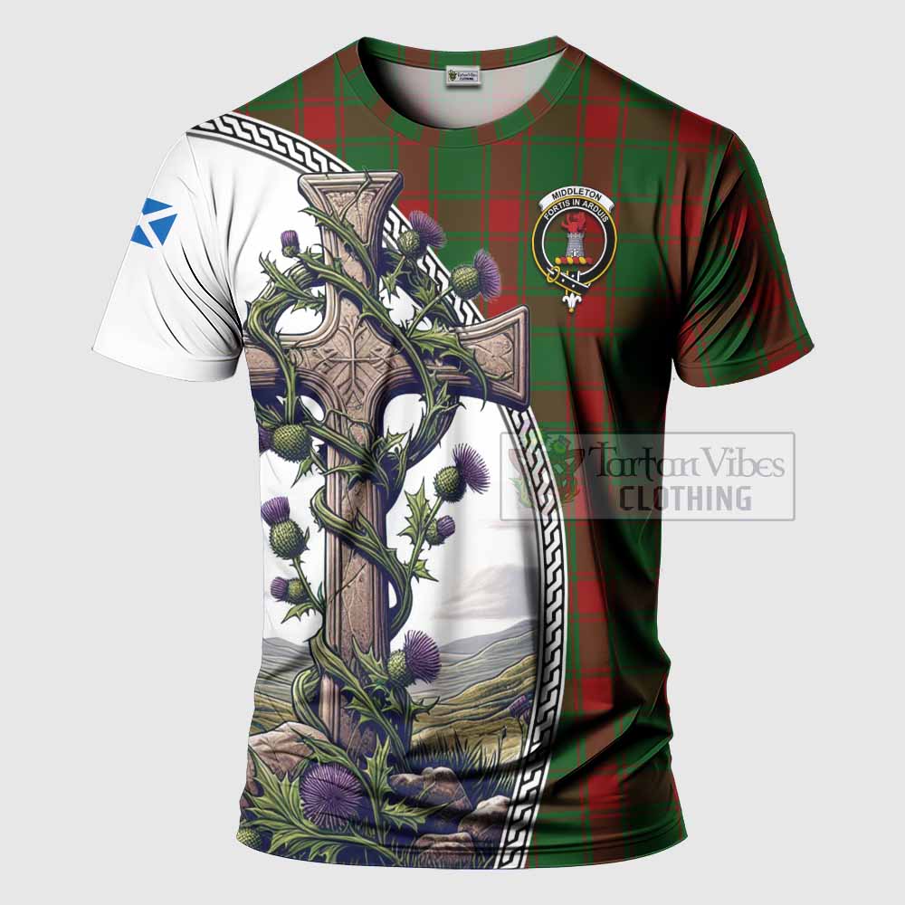 Tartan Vibes Clothing Middleton Agnew Tartan T-Shirt with Family Crest and St. Andrew's Cross Accented by Thistle Vines