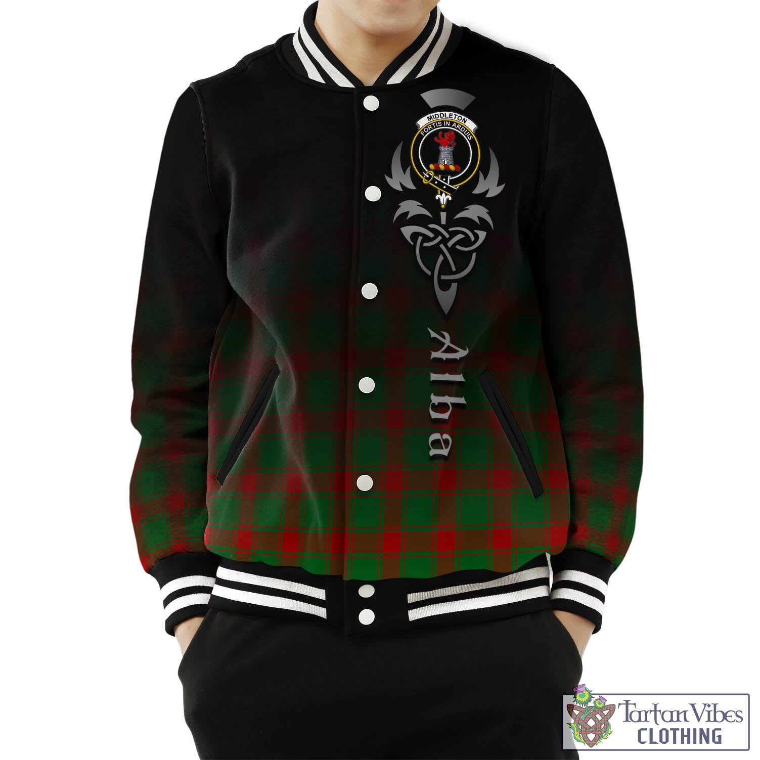 Tartan Vibes Clothing Middleton Modern Tartan Baseball Jacket Featuring Alba Gu Brath Family Crest Celtic Inspired