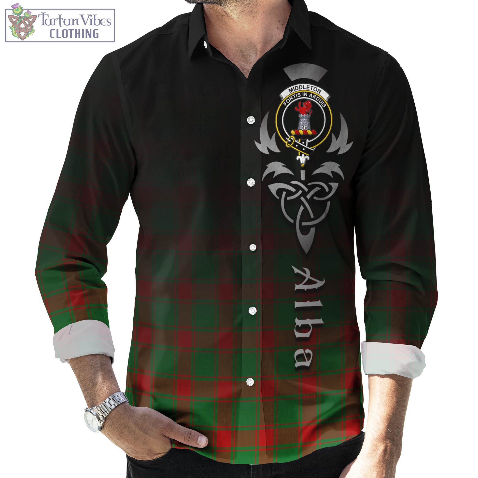 Tartan Vibes Clothing Middleton Modern Tartan Long Sleeve Button Up Featuring Alba Gu Brath Family Crest Celtic Inspired