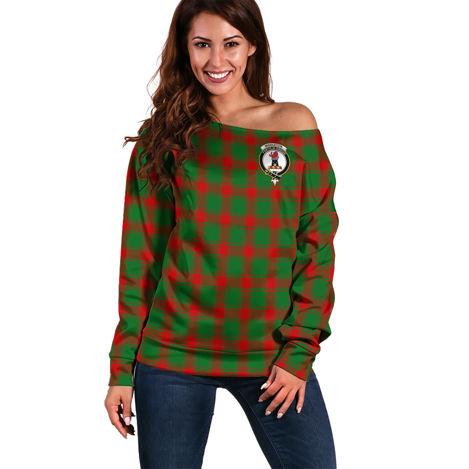 Middleton Modern Tartan Off Shoulder Women Sweater with Family Crest Women - Tartanvibesclothing