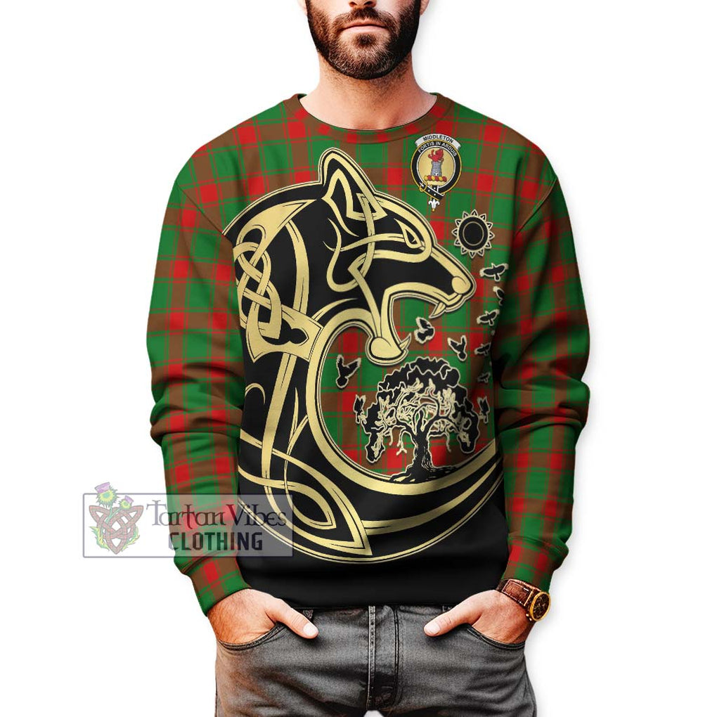 Middleton Modern Tartan Sweatshirt with Family Crest Celtic Wolf Style Unisex - Tartan Vibes Clothing