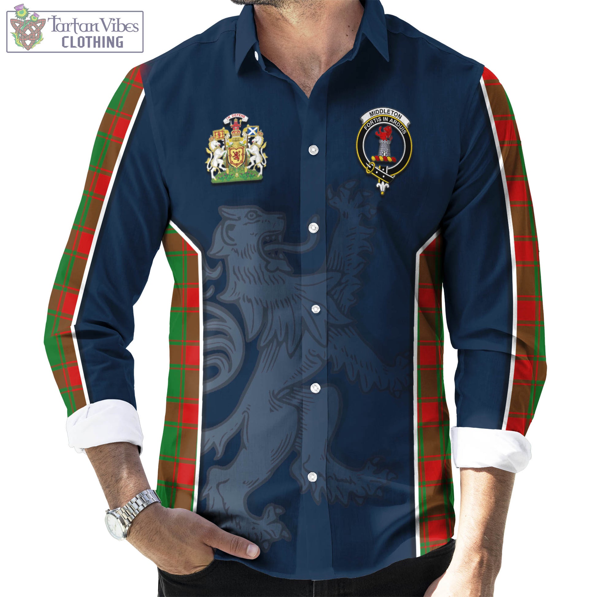 Tartan Vibes Clothing Middleton Modern Tartan Long Sleeve Button Up Shirt with Family Crest and Lion Rampant Vibes Sport Style