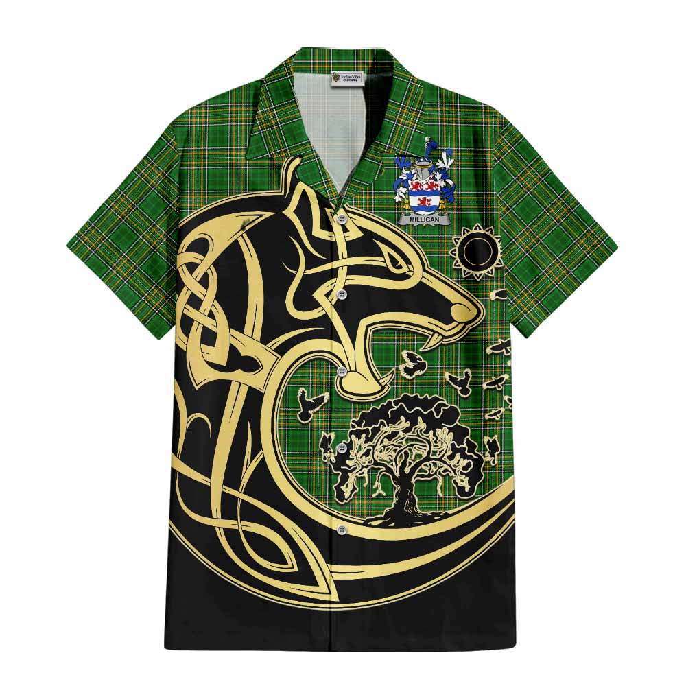 Tartan Vibes Clothing Milligan Irish Tartan Short Sleeve Button Shirt with Coat of Arms Celtic Wolf Style