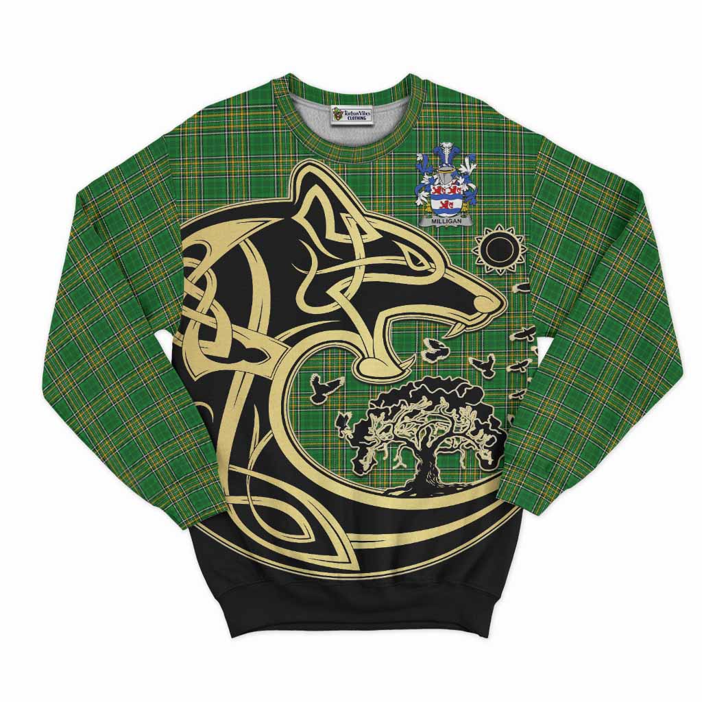 Tartan Vibes Clothing Milligan Irish Tartan Sweatshirt with Coat of Arms Celtic Wolf Style