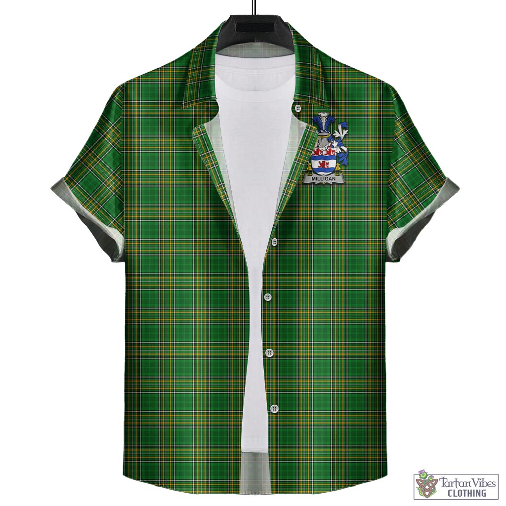 Tartan Vibes Clothing Milligan Ireland Clan Tartan Short Sleeve Button Up with Coat of Arms