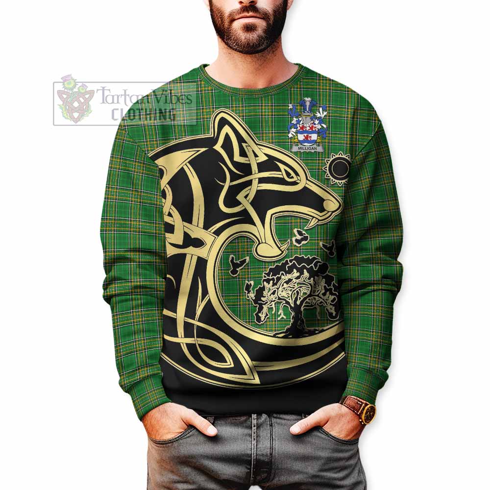 Tartan Vibes Clothing Milligan Irish Tartan Sweatshirt with Coat of Arms Celtic Wolf Style