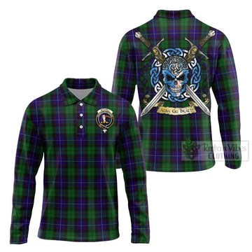 Mitchell Tartan Long Sleeve Polo Shirt with Family Crest Celtic Skull Style Unisex - Tartan Vibes Clothing