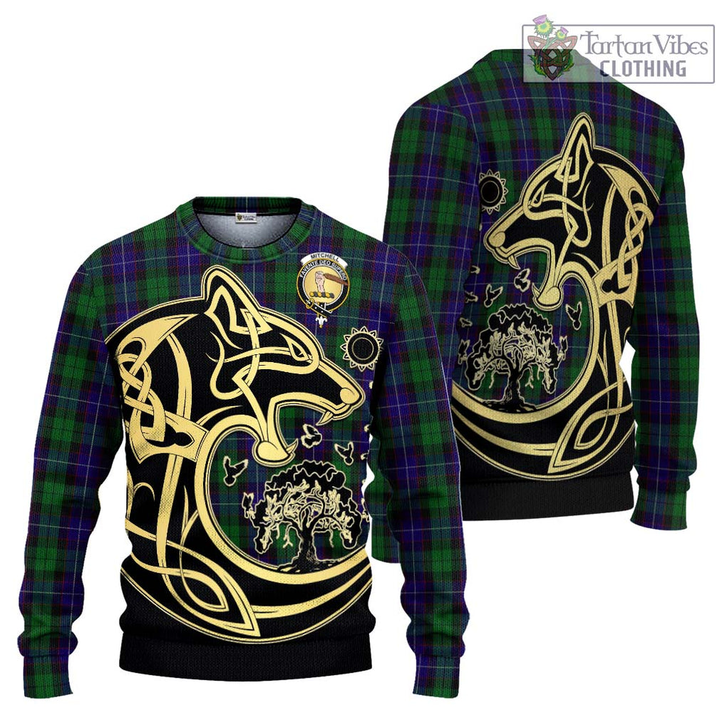 Mitchell Tartan Knitted Sweater with Family Crest Celtic Wolf Style Unisex - Tartan Vibes Clothing