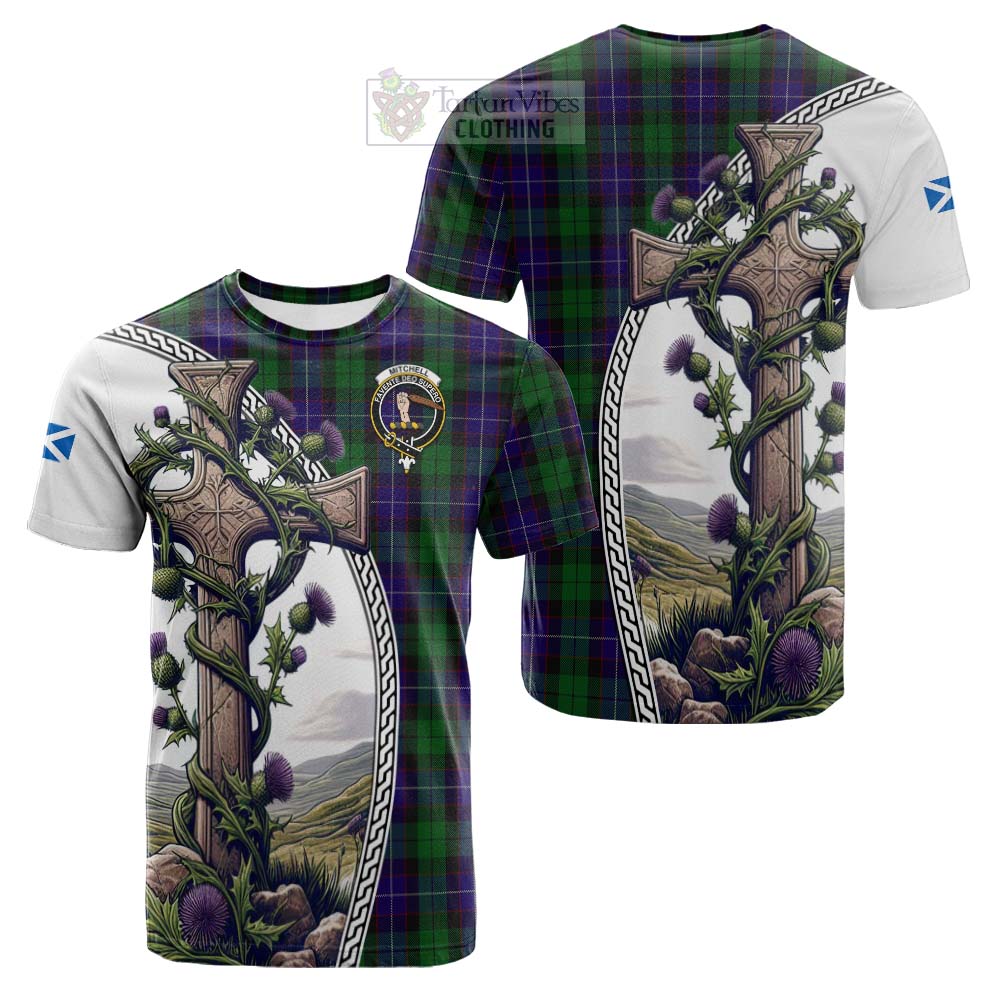 Tartan Vibes Clothing Mitchell Tartan Cotton T-shirt with Family Crest and St. Andrew's Cross Accented by Thistle Vines