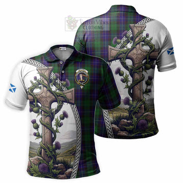 Mitchell Tartan Polo Shirt with Family Crest and St. Andrew's Cross Accented by Thistle Vines