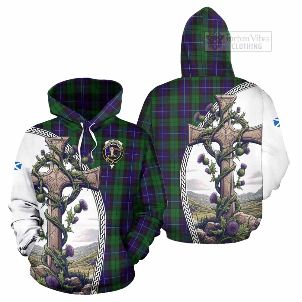 Tartan Vibes Clothing Mitchell Tartan Hoodie with Family Crest and St. Andrew's Cross Accented by Thistle Vines