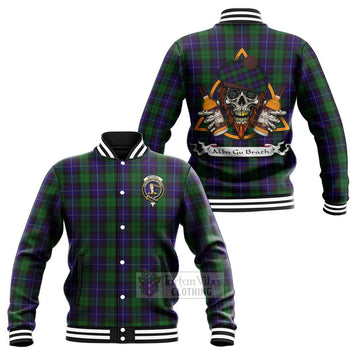 Mitchell Tartan Baseball Jacket with Family Crest and Bearded Skull Holding Bottles of Whiskey Unisex - Tartan Vibes Clothing