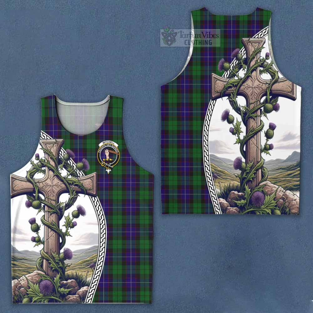 Tartan Vibes Clothing Mitchell Tartan Men's Tank Top with Family Crest and St. Andrew's Cross Accented by Thistle Vines