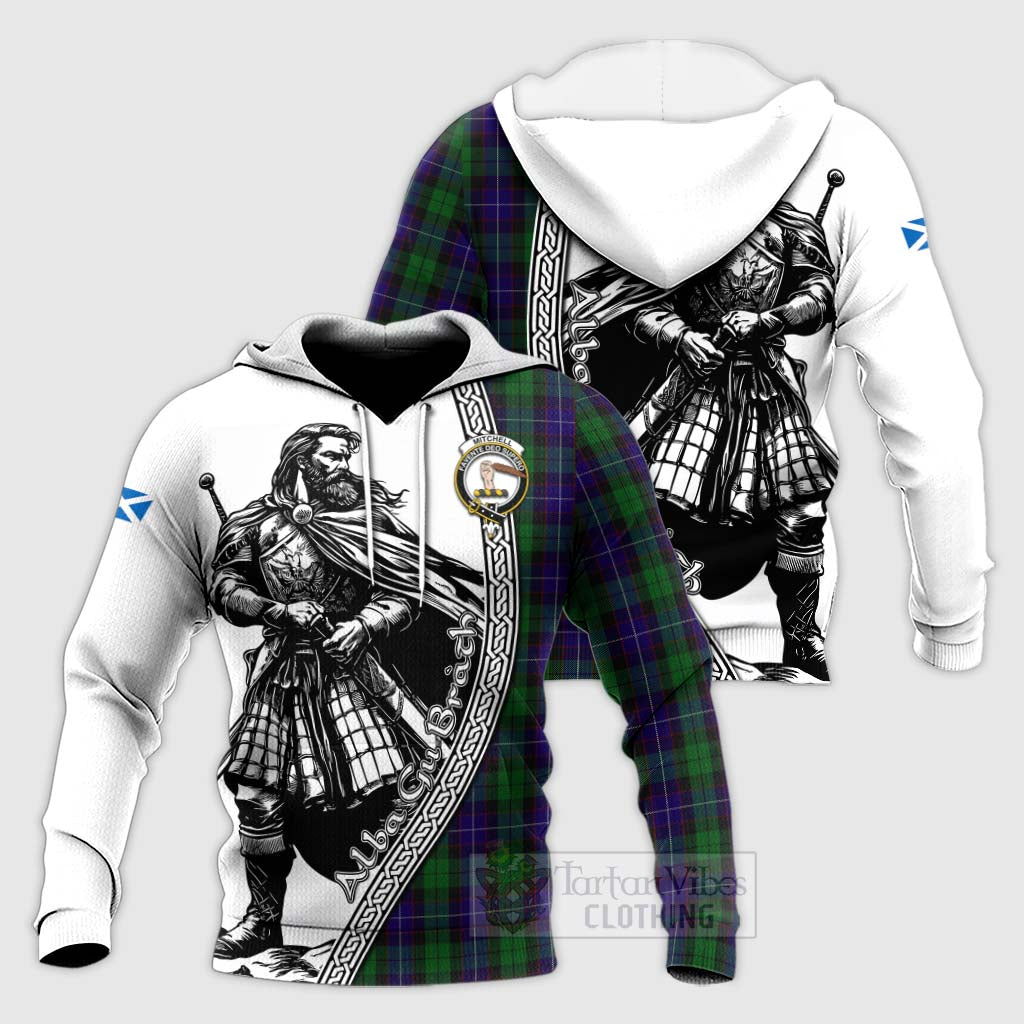 Tartan Vibes Clothing Mitchell Tartan Clan Crest Knitted Hoodie with Highlander Warrior Celtic Style