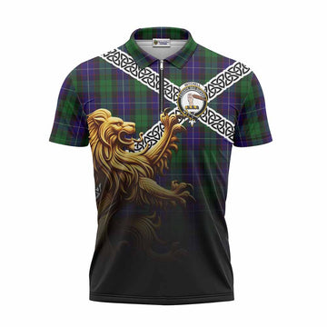 Mitchell Crest Tartan Zipper Polo Shirt with Golden Lion Emblem Celtic Style Unisex - Tartan Vibes Clothing