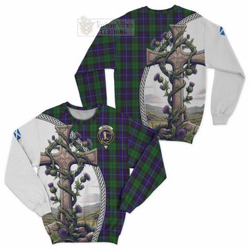 Mitchell Tartan Sweatshirt with Family Crest and St. Andrew's Cross Accented by Thistle Vines