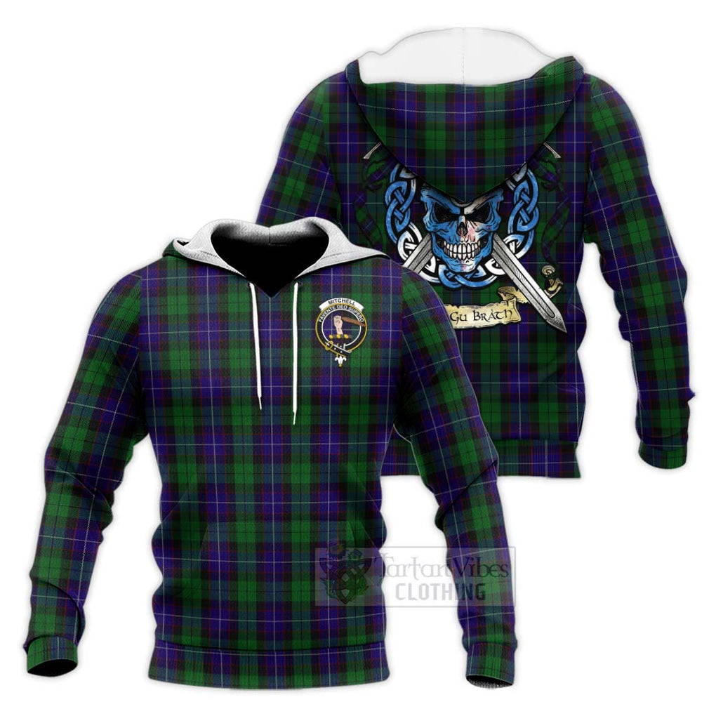 Tartan Vibes Clothing Mitchell Tartan Knitted Hoodie with Family Crest Celtic Skull Style