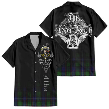 Mitchell Tartan Short Sleeve Button Up Shirt Featuring Alba Gu Brath Family Crest Celtic Inspired