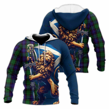 Mitchell Tartan Family Crest Knitted Hoodie with Scottish Majestic Lion