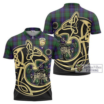 Mitchell Tartan Zipper Polo Shirt with Family Crest Celtic Wolf Style Unisex - Tartan Vibes Clothing