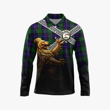 Mitchell Crest Tartan Long Sleeve Polo Shirt with Golden Lion Emblem Celtic Style Unisex - Tartan Vibes Clothing