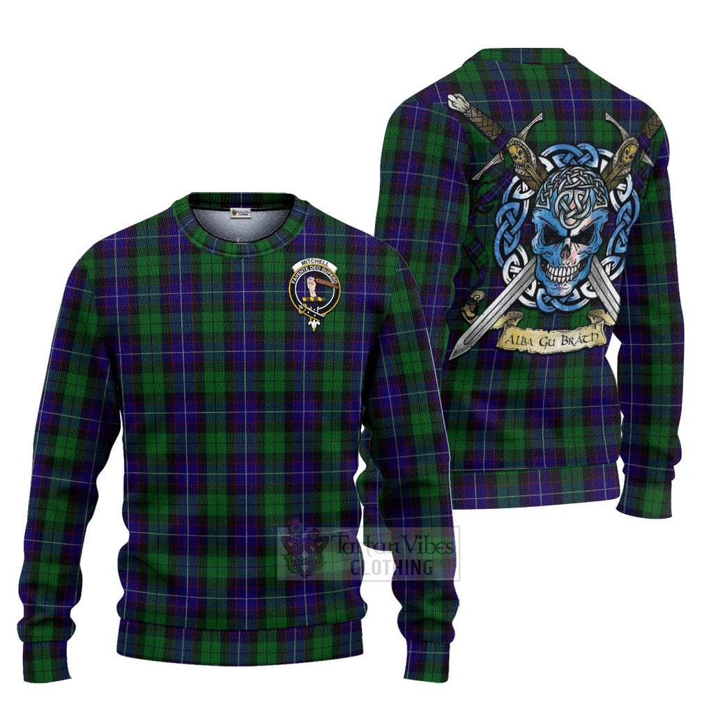 Tartan Vibes Clothing Mitchell Tartan Knitted Sweater with Family Crest Celtic Skull Style