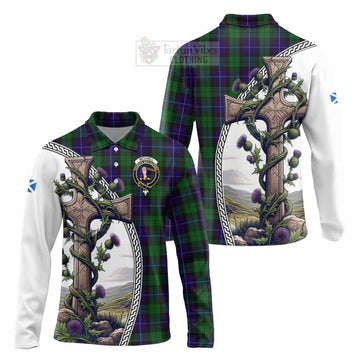 Mitchell Tartan Long Sleeve Polo Shirt with Family Crest and St. Andrew's Cross Accented by Thistle Vines Unisex - Tartan Vibes Clothing