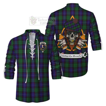 Mitchell Tartan Ghillie Kilt Shirt with Family Crest and Bearded Skull Holding Bottles of Whiskey