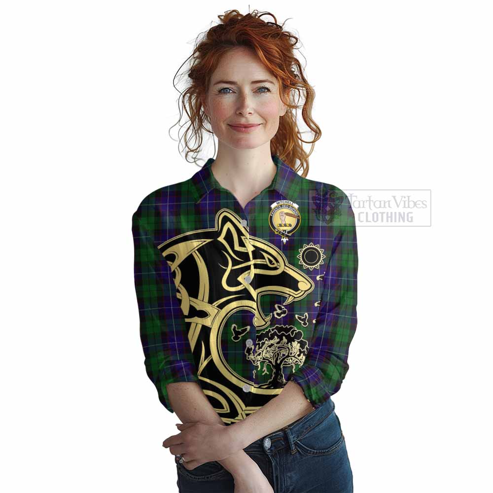 Mitchell Tartan Women's Casual Shirt with Family Crest Celtic Wolf Style Female - Tartan Vibes Clothing