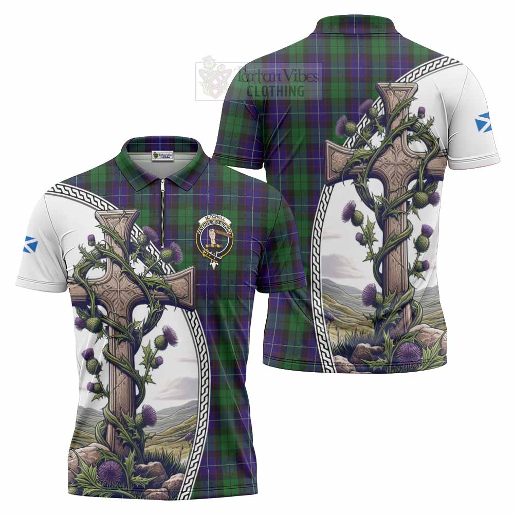 Tartan Vibes Clothing Mitchell Tartan Zipper Polo Shirt with Family Crest and St. Andrew's Cross Accented by Thistle Vines