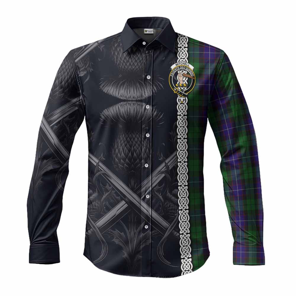 Mitchell Tartan Long Sleeve Button Shirt with Family Crest Cross Sword Thistle Celtic Vibes Men's Shirt S - Tartan Vibes Clothing