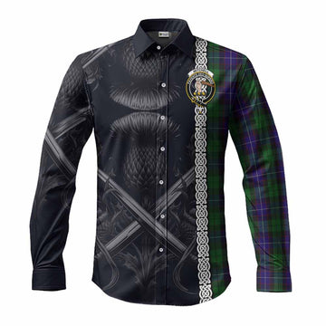 Mitchell Tartan Long Sleeve Button Shirt with Family Crest Cross Sword Thistle Celtic Vibes Men's Shirt S - Tartan Vibes Clothing