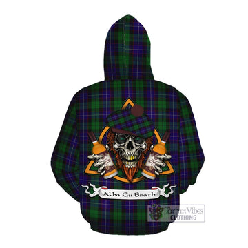 Mitchell Tartan Cotton Hoodie with Family Crest and Bearded Skull Holding Bottles of Whiskey Pullover Hoodie - Tartan Vibes Clothing