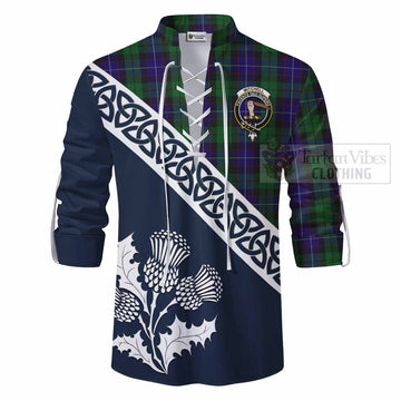 Mitchell Tartan Ghillie Kilt Shirt Featuring Thistle and Scotland Map