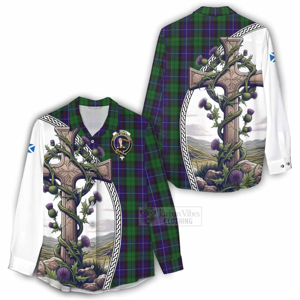 Tartan Vibes Clothing Mitchell Tartan Women's Casual Shirt with Family Crest and St. Andrew's Cross Accented by Thistle Vines