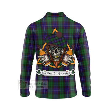 Mitchell Tartan Long Sleeve Polo Shirt with Family Crest and Bearded Skull Holding Bottles of Whiskey - Tartan Vibes Clothing