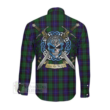 Mitchell Tartan Long Sleeve Button Shirt with Family Crest Celtic Skull Style Men's Shirt - Tartan Vibes Clothing