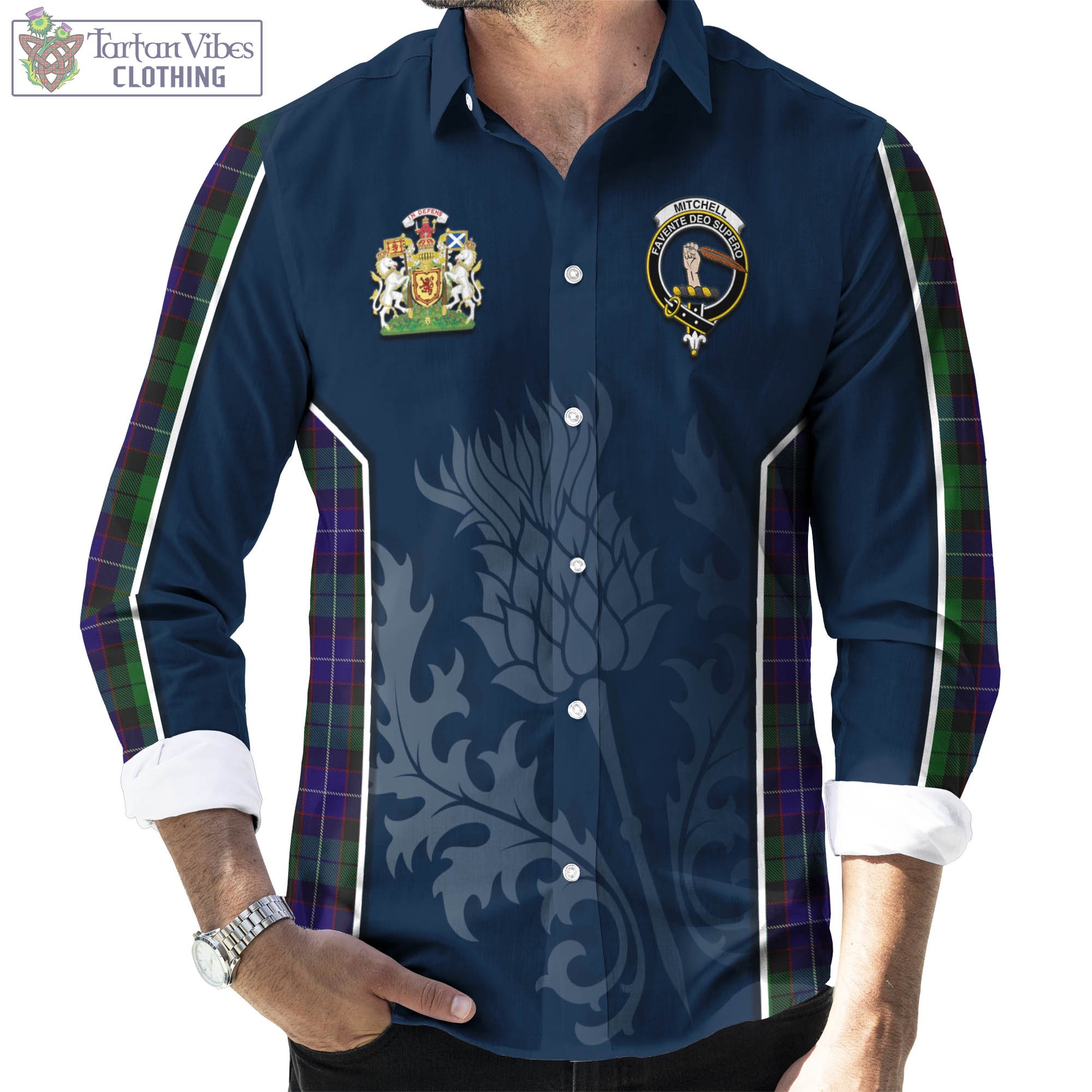 Tartan Vibes Clothing Mitchell Tartan Long Sleeve Button Up Shirt with Family Crest and Scottish Thistle Vibes Sport Style