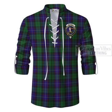 Mitchell Tartan Ghillie Kilt Shirt with Family Crest and Bearded Skull Holding Bottles of Whiskey