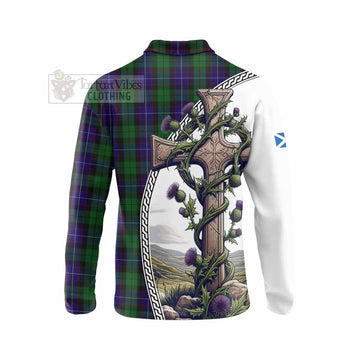 Mitchell Tartan Long Sleeve Polo Shirt with Family Crest and St. Andrew's Cross Accented by Thistle Vines - Tartan Vibes Clothing