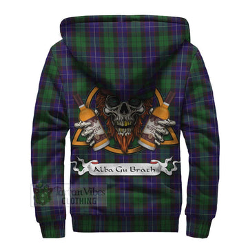 Mitchell Tartan Sherpa Hoodie with Family Crest and Bearded Skull Holding Bottles of Whiskey - Tartan Vibes Clothing