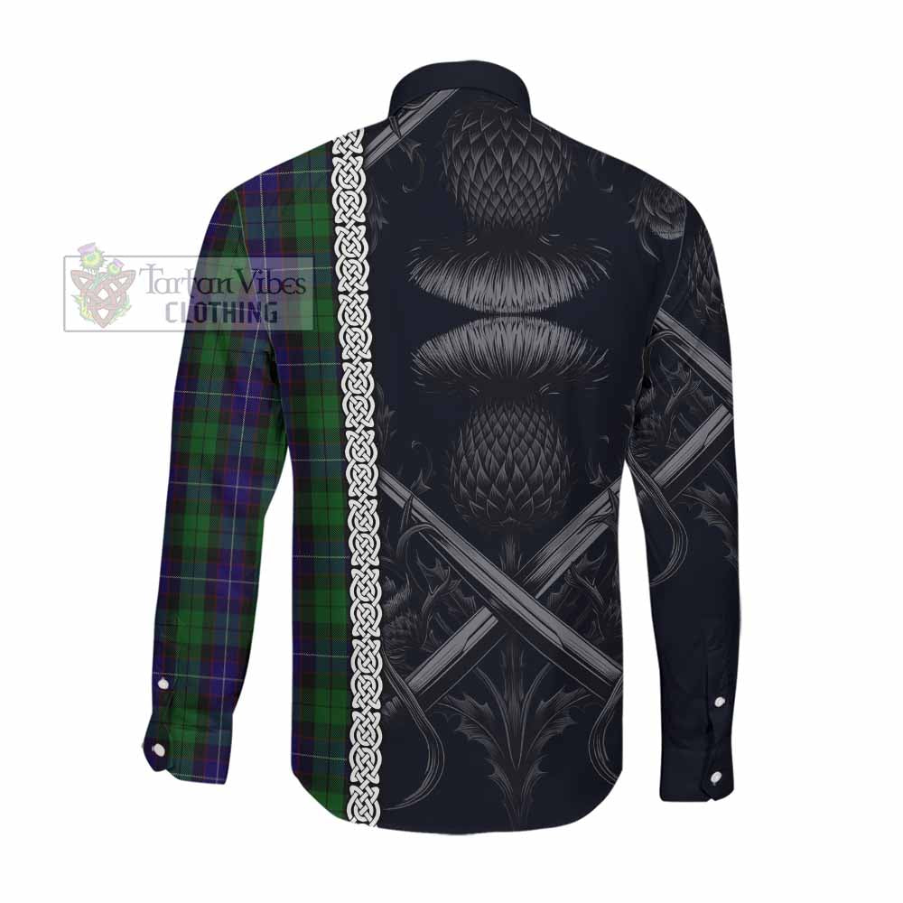 Mitchell Tartan Long Sleeve Button Shirt with Family Crest Cross Sword Thistle Celtic Vibes Men's Shirt - Tartan Vibes Clothing