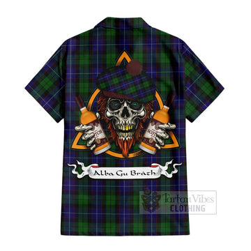 Mitchell Tartan Hawaiian Shirt with Family Crest and Bearded Skull Holding Bottles of Whiskey - Tartan Vibes Clothing