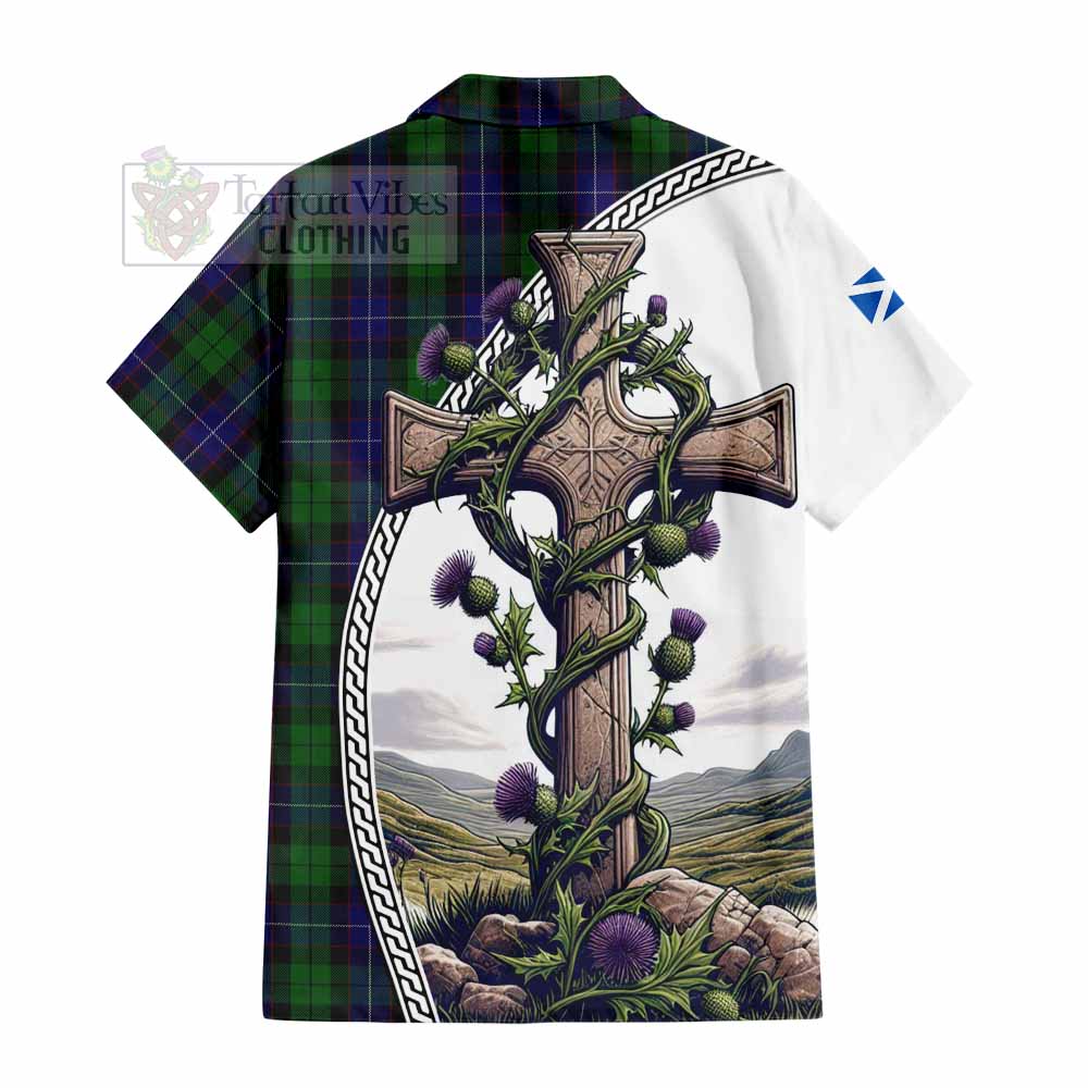 Mitchell Tartan Hawaiian Shirt with Family Crest and St. Andrew's Cross Accented by Thistle Vines - Tartan Vibes Clothing