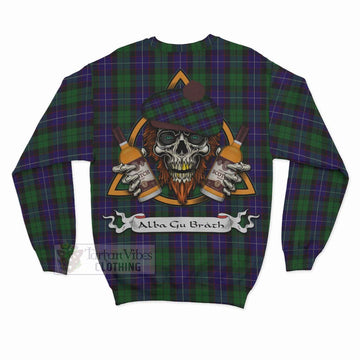 Mitchell Tartan Sweatshirt with Family Crest and Bearded Skull Holding Bottles of Whiskey