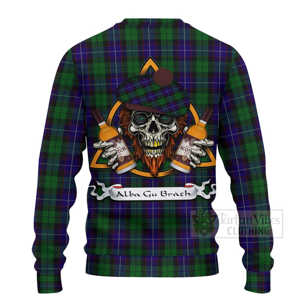 Tartan Vibes Clothing Mitchell Tartan Knitted Sweater with Family Crest and Bearded Skull Holding Bottles of Whiskey