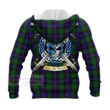 Mitchell Tartan Knitted Hoodie with Family Crest Celtic Skull Style