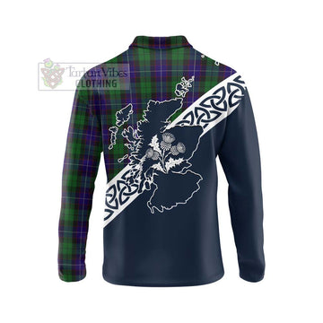 Mitchell Tartan Long Sleeve Polo Shirt Featuring Thistle and Scotland Map - Tartan Vibes Clothing