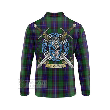 Mitchell Tartan Long Sleeve Polo Shirt with Family Crest Celtic Skull Style - Tartan Vibes Clothing